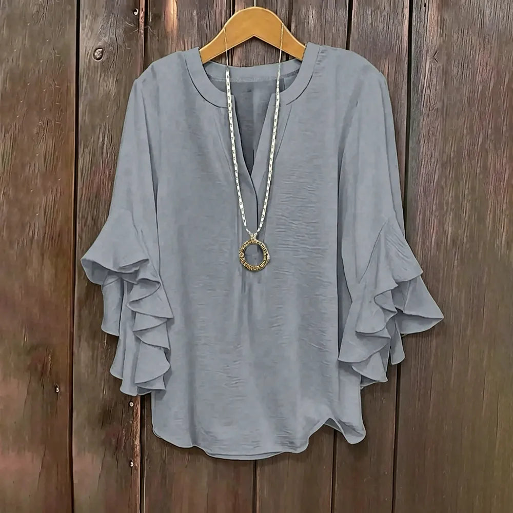 Plus Size Ruffle Sleeve V-Neck Blouse – Flowy, Flattering & Comfortable Everyday Top