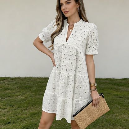 Women’s Summer Lace Dresses Eyelet Casual Flowy Babydoll Swing Short Sleeve V Neck Tunic Dress