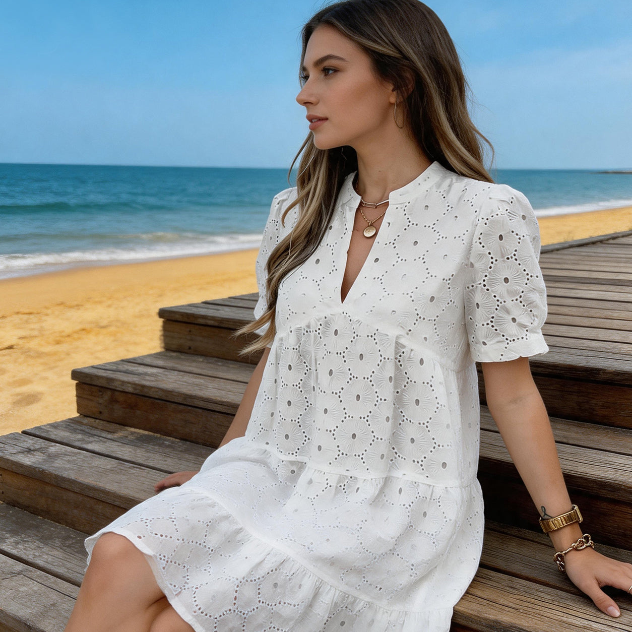 Women’s Summer Lace Dresses Eyelet Casual Flowy Babydoll Swing Short Sleeve V Neck Tunic Dress