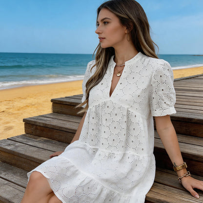 Women’s Summer Lace Dresses Eyelet Casual Flowy Babydoll Swing Short Sleeve V Neck Tunic Dress