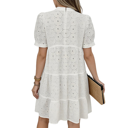 Women’s Summer Lace Dresses Eyelet Casual Flowy Babydoll Swing Short Sleeve V Neck Tunic Dress