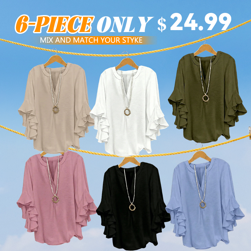 Plus Size Ruffle Sleeve V-Neck Blouse – Flowy, Flattering & Comfortable Everyday Top