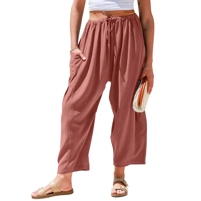 Women's Linen Blend Wide-Leg Pants with Pockets