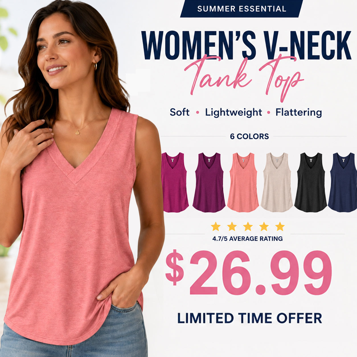 🎁✨Women's Sleeveless V-Neck Tank Top - Loose Fit Slimming Casual Summer T-Shirt