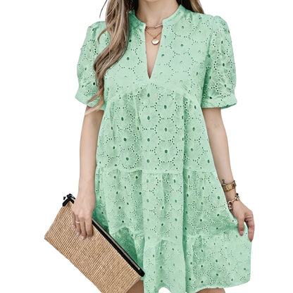 Women’s Summer Lace Dresses Eyelet Casual Flowy Babydoll Swing Short Sleeve V Neck Tunic Dress