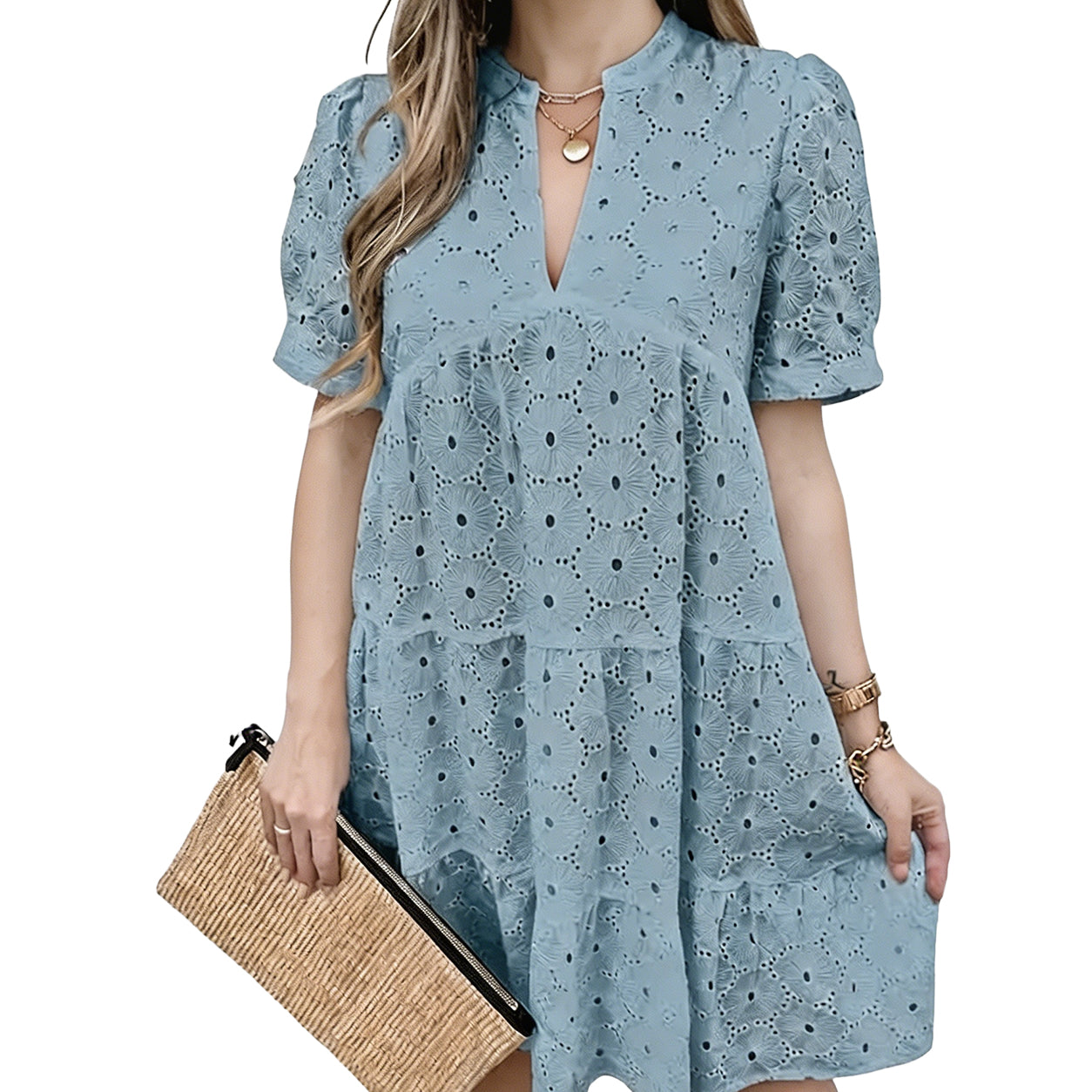 Women’s Summer Lace Dresses Eyelet Casual Flowy Babydoll Swing Short Sleeve V Neck Tunic Dress
