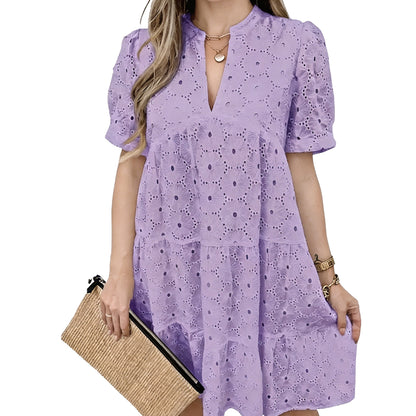 Women’s Summer Lace Dresses Eyelet Casual Flowy Babydoll Swing Short Sleeve V Neck Tunic Dress