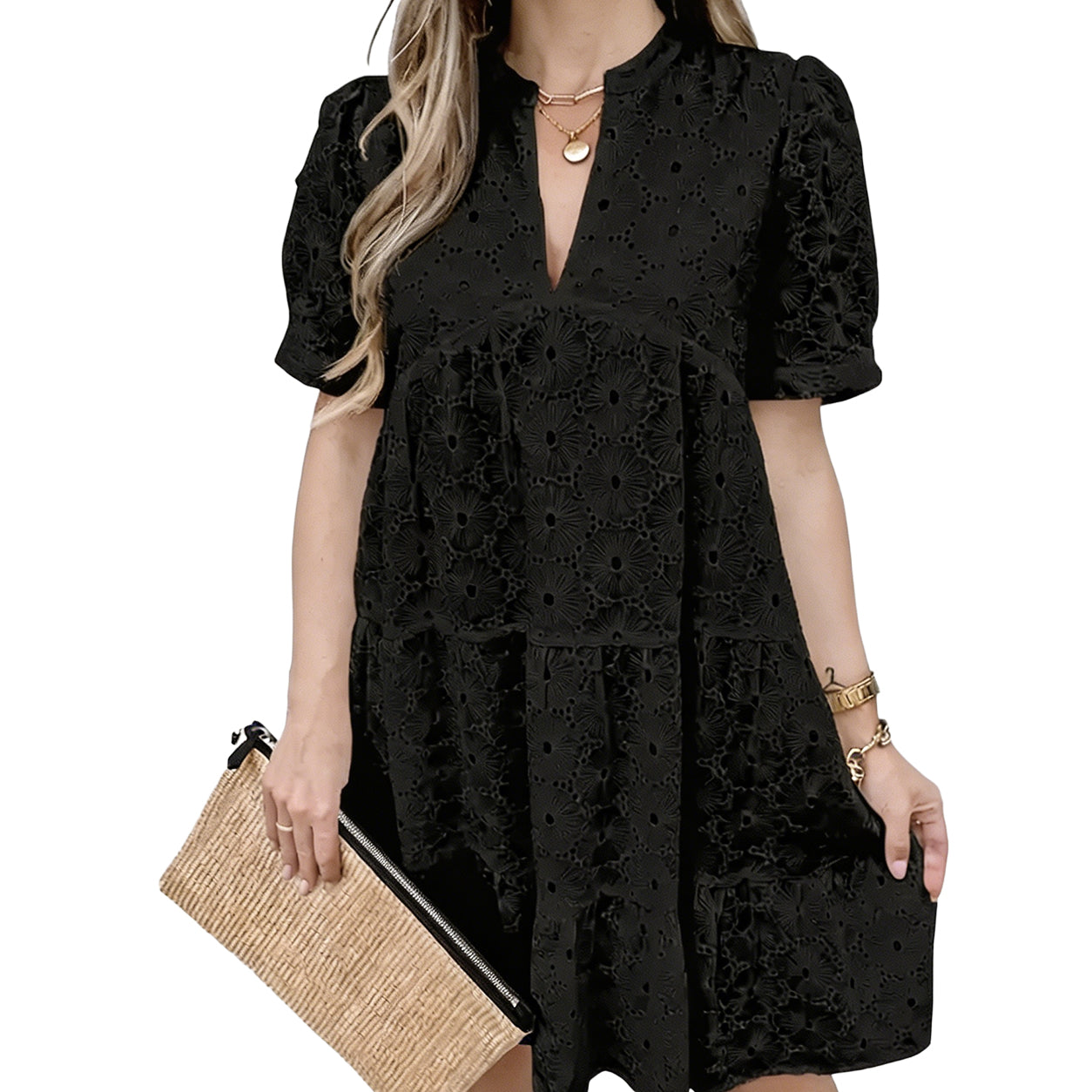 Women’s Summer Lace Dresses Eyelet Casual Flowy Babydoll Swing Short Sleeve V Neck Tunic Dress