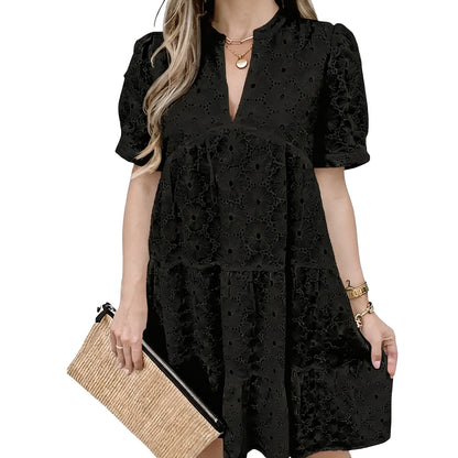 Women’s Summer Lace Dresses Eyelet Casual Flowy Babydoll Swing Short Sleeve V Neck Tunic Dress