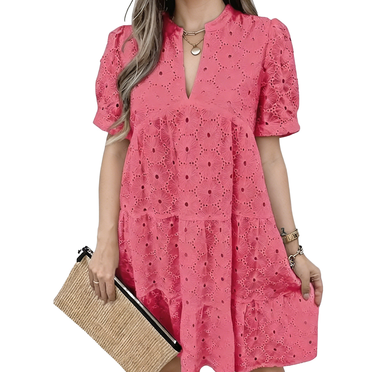 Women’s Summer Lace Dresses Eyelet Casual Flowy Babydoll Swing Short Sleeve V Neck Tunic Dress