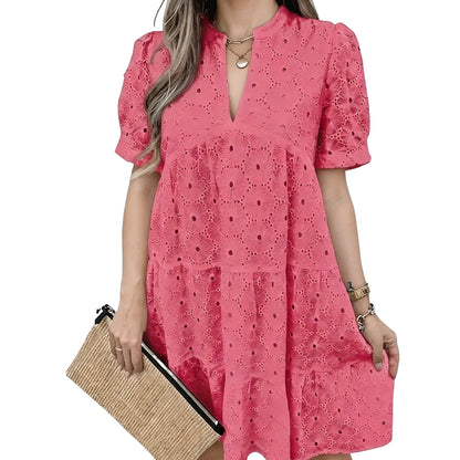 Women’s Summer Lace Dresses Eyelet Casual Flowy Babydoll Swing Short Sleeve V Neck Tunic Dress