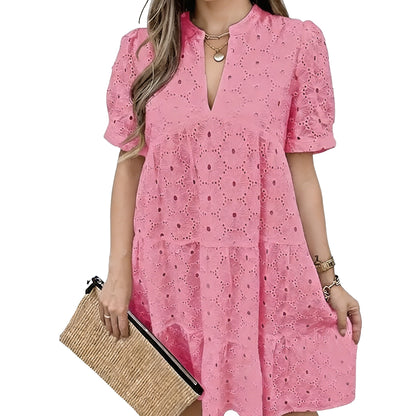 Women’s Summer Lace Dresses Eyelet Casual Flowy Babydoll Swing Short Sleeve V Neck Tunic Dress