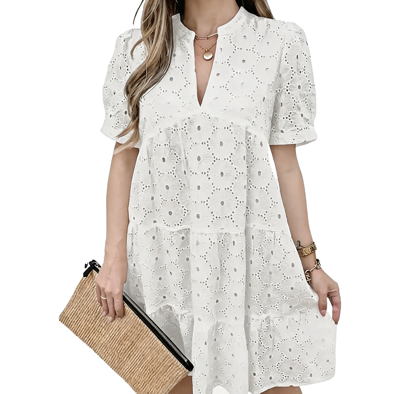 Women’s Summer Lace Dresses Eyelet Casual Flowy Babydoll Swing Short Sleeve V Neck Tunic Dress