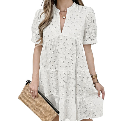 Women’s Summer Lace Dresses Eyelet Casual Flowy Babydoll Swing Short Sleeve V Neck Tunic Dress