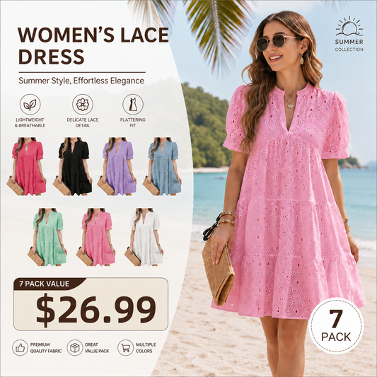 Women’s Summer Lace Dresses Eyelet Casual Flowy Babydoll Swing Short Sleeve V Neck Tunic Dress
