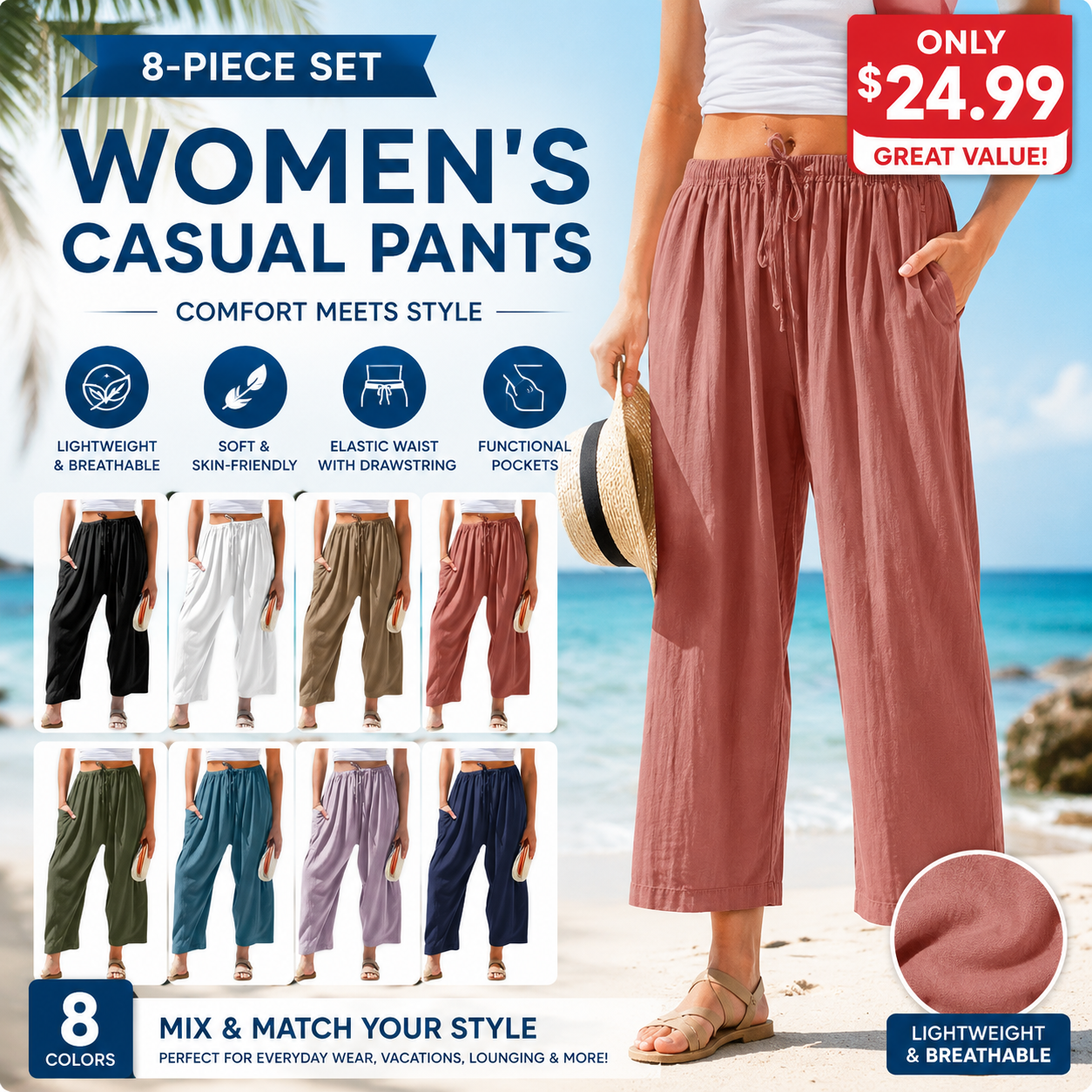 Women's Linen Blend Wide-Leg Pants with Pockets