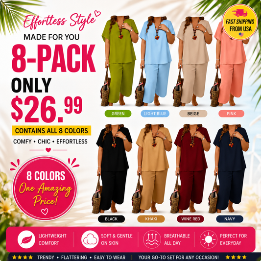 Women's Solid Short Sleeve Top & Loose Wide Leg Pants 2-Piece Set