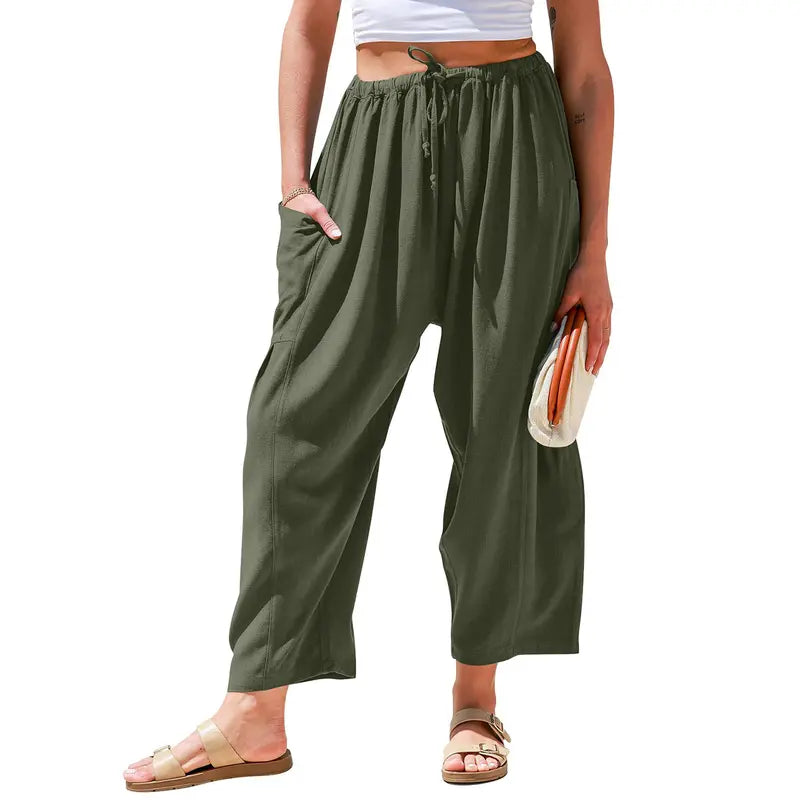 Women's Linen Blend Wide-Leg Pants with Pockets