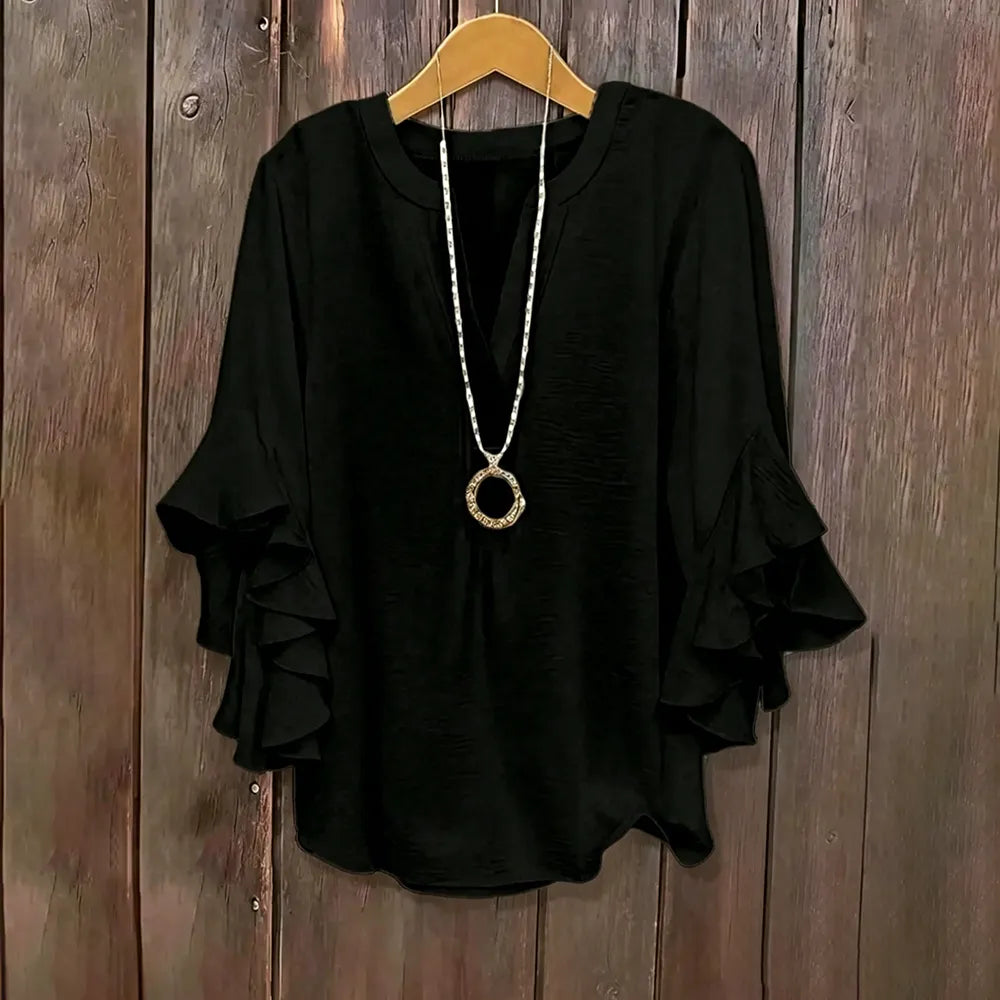 Plus Size Ruffle Sleeve V-Neck Blouse – Flowy, Flattering & Comfortable Everyday Top